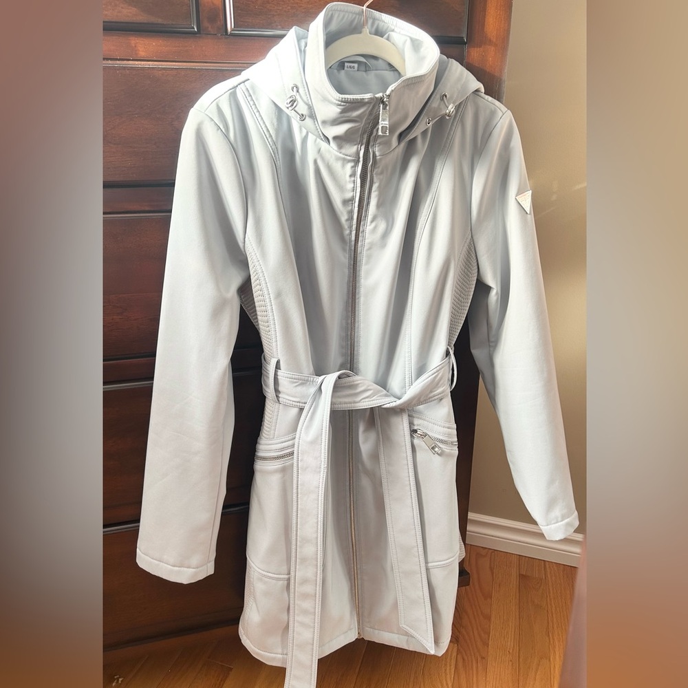 Guess Light Blue Hooded Trench Coat with Belt